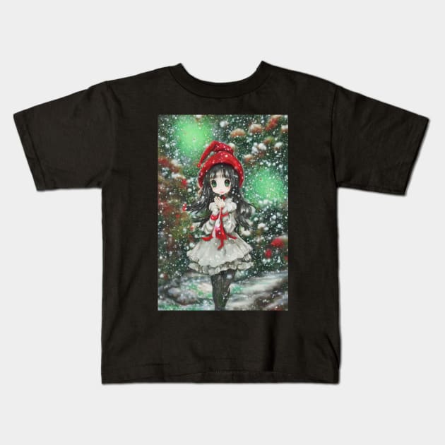 Kawaii anime manga girl walking in snow Kids T-Shirt by Stades